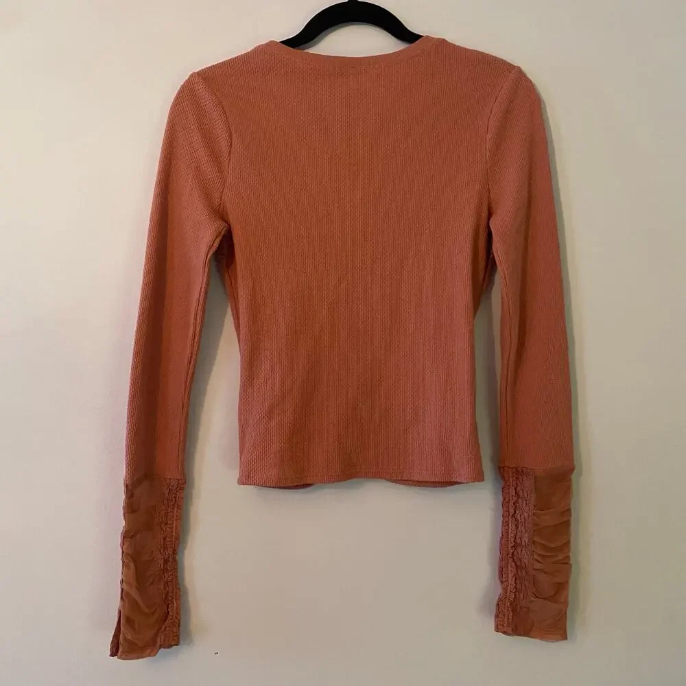 Free People Dusty Pink Romantic Lace V-neck Long Sleeve Top Rouched Women Small